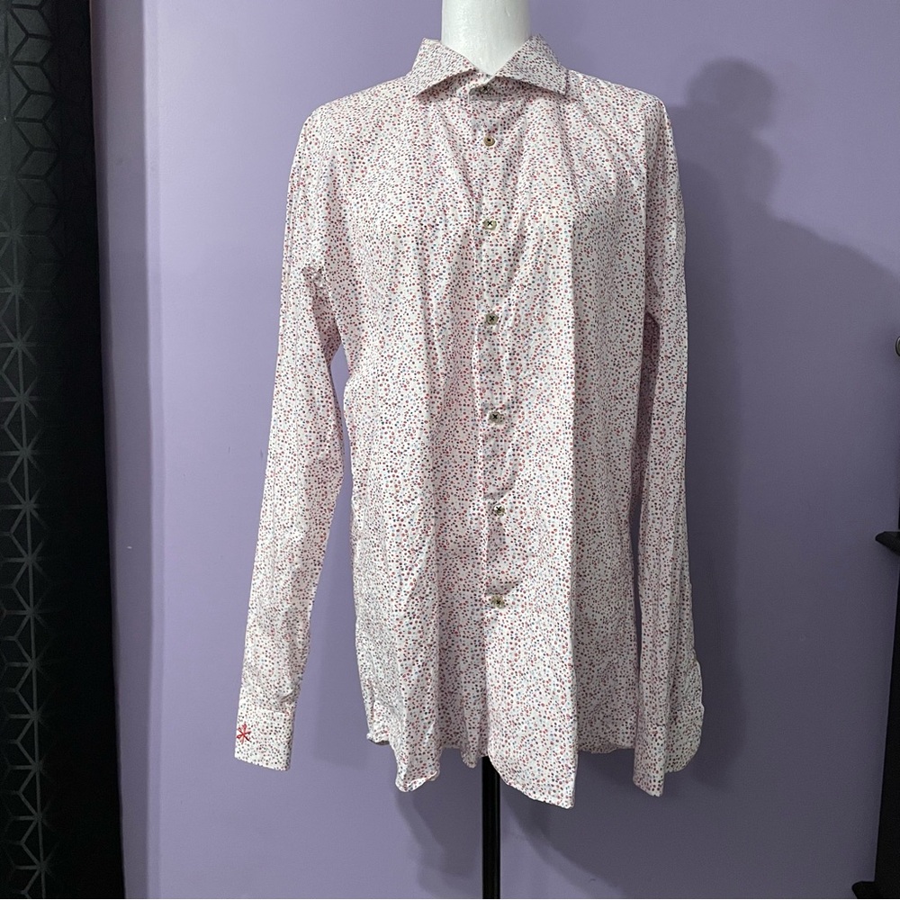 Bomonti Men's White and Red Patterned Shirt Size XXL Long Sleeved Collared.
